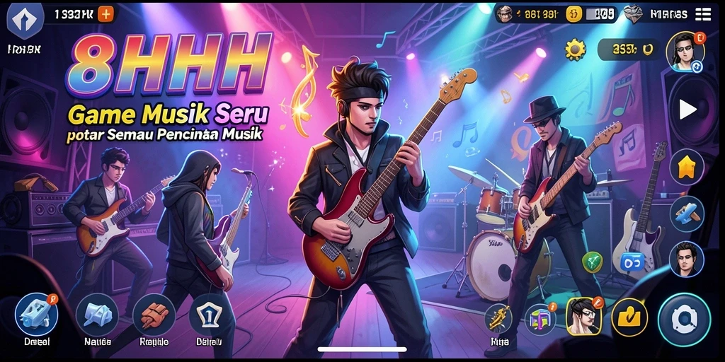 Tampilan gameplay 8HHH dengan alat musik dan efek visual menarik.