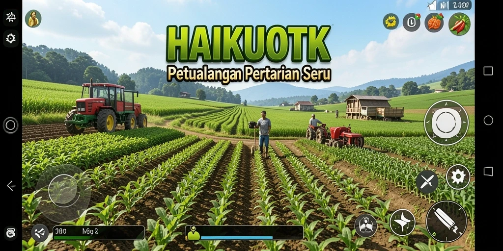 Tampilan gameplay HAIKUOTK dengan pertanian yang asri dan berwarna.