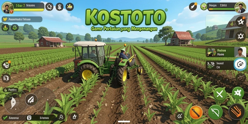 Screenshot gameplay KOSTOTO menunjukkan kebun yang indah dan beragam tanaman.