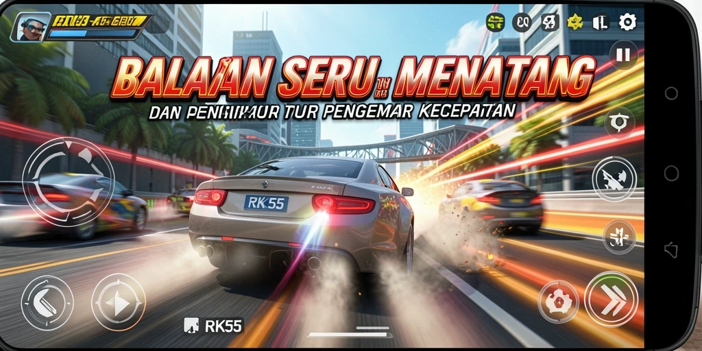Screenshot gameplay RK55 menampilkan aksi balapan yang menegangkan.