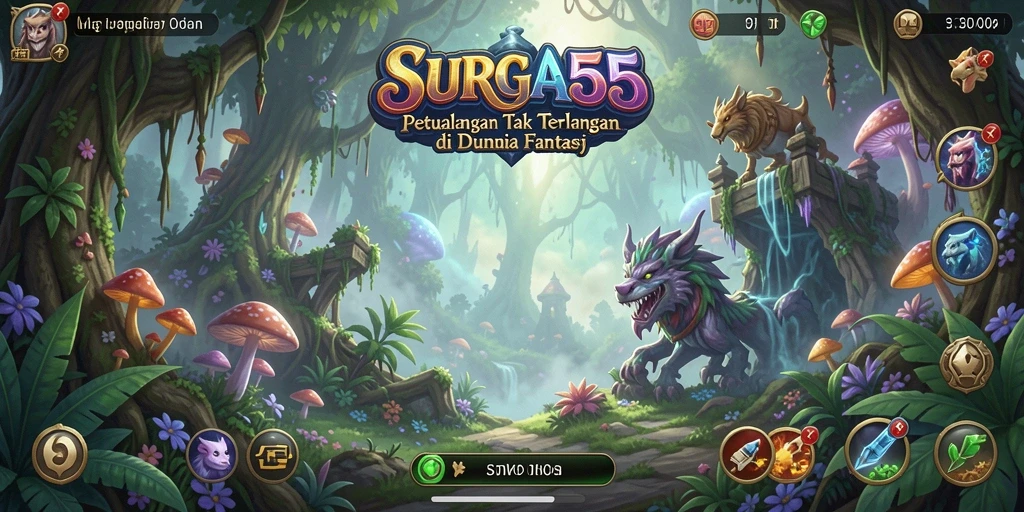 Tampilan gameplay SURGA55 yang menawan dengan dunia fantasi yang luas.
