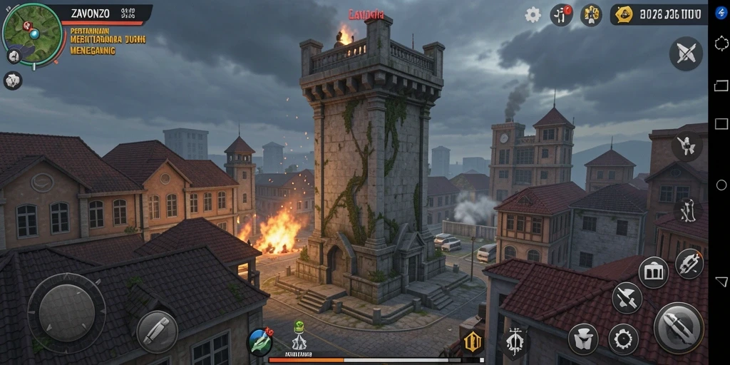 Tampilan gameplay ZAVONZO dengan menara yang siap bertahan dari serangan musuh.